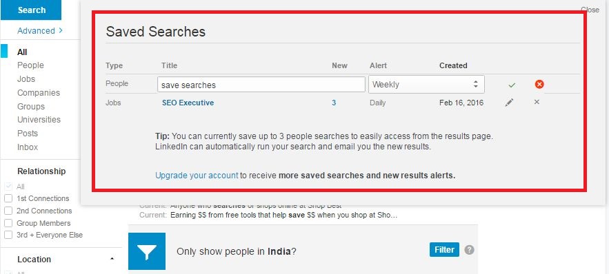 linkedIn saved search